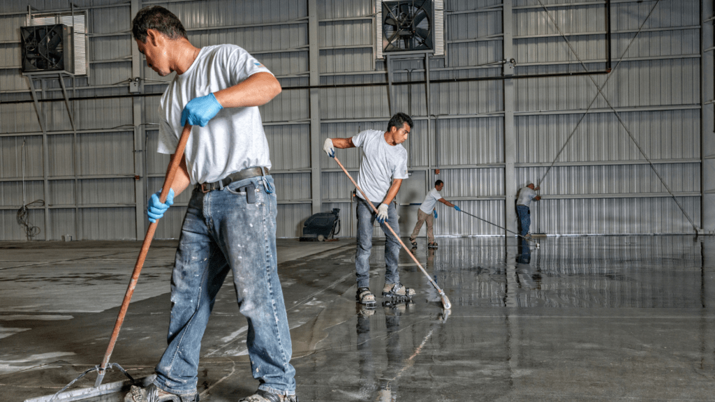 Workers applying epoxy flooring to concrete